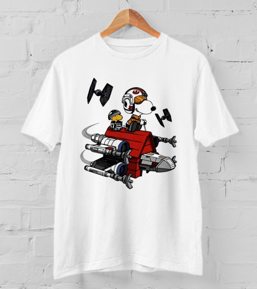 Space Beagle Snoopy Star Wars X Wing Doghouse Woodstock TIE Fighters T-Shirt