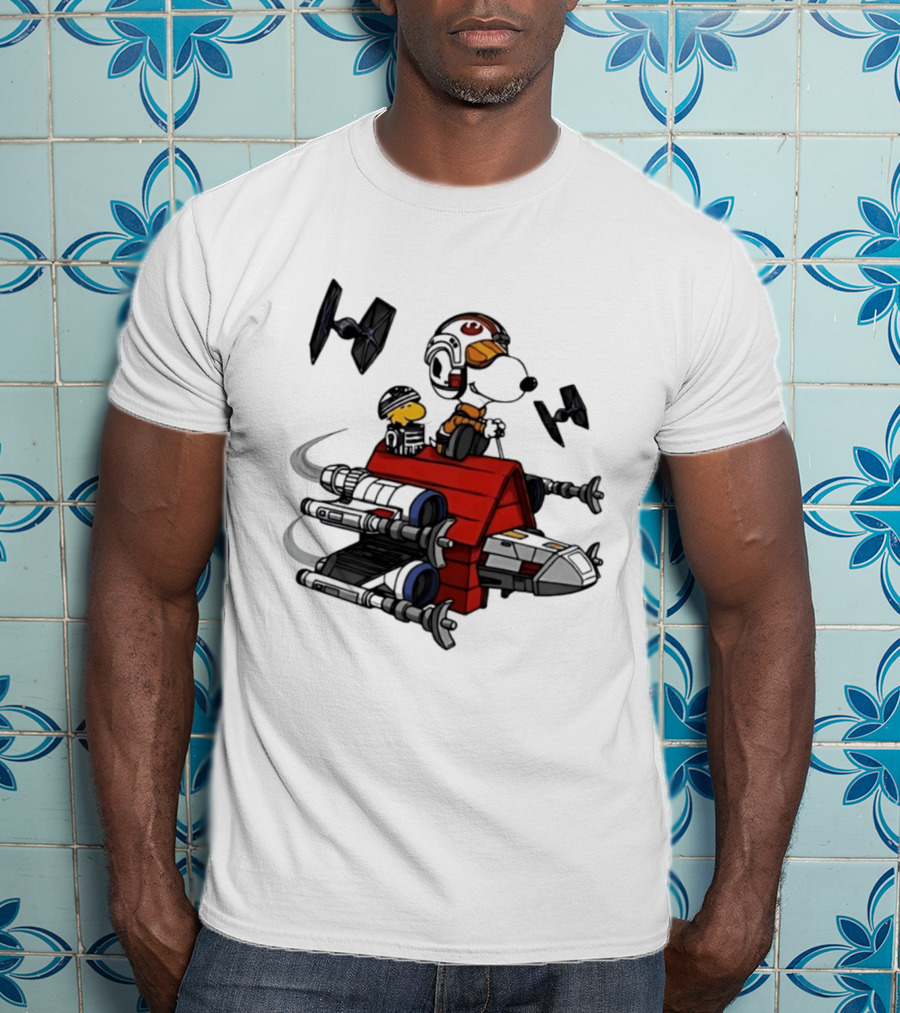 Space Beagle Snoopy Star Wars X Wing Doghouse Woodstock TIE Fighters T-Shirt