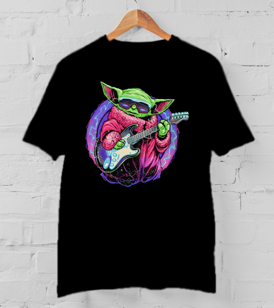Grogu Electric Galaxy Guitar Blue Neon Lightning T-Shirt