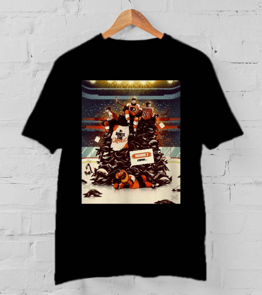 Philadelphia Flyers Ignite The Orange Round 2 Loading Cartoon Hockey Battle T-Shirt