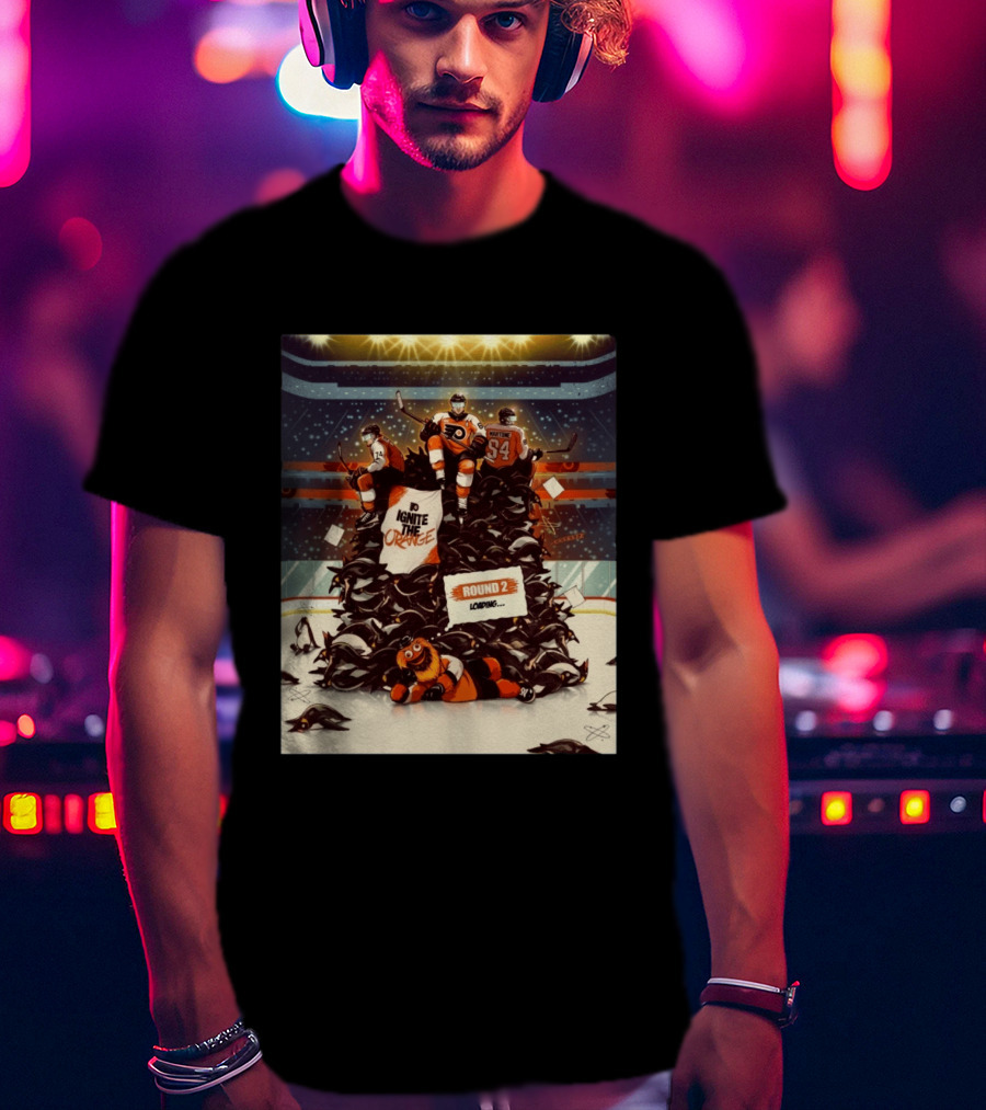 Philadelphia Flyers Ignite The Orange Round 2 Loading Cartoon Hockey Battle T-Shirt