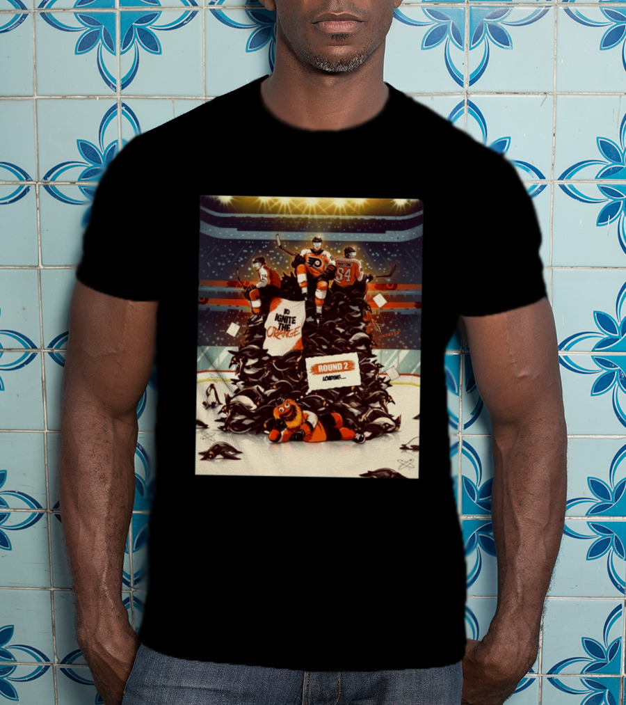 Philadelphia Flyers Ignite The Orange Round 2 Loading Cartoon Hockey Battle T-Shirt