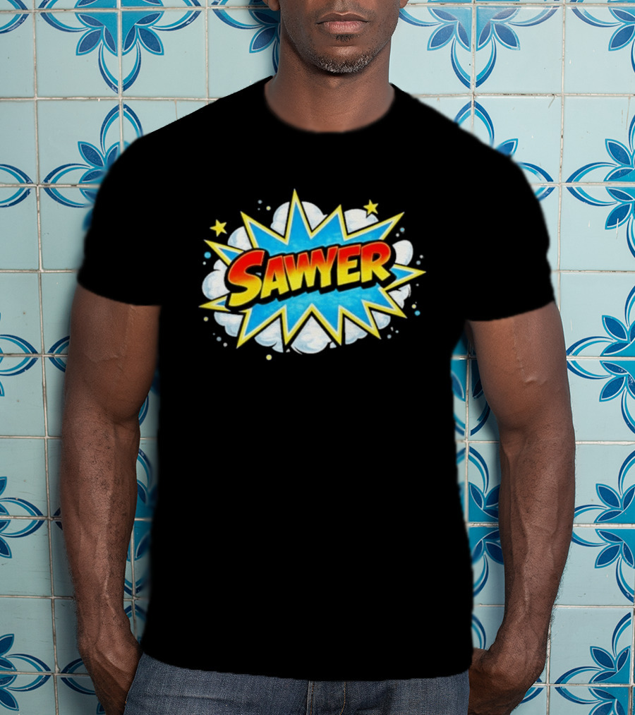 Sawyer Comic Book Style Burst Name With Stars And Clouds T-Shirt