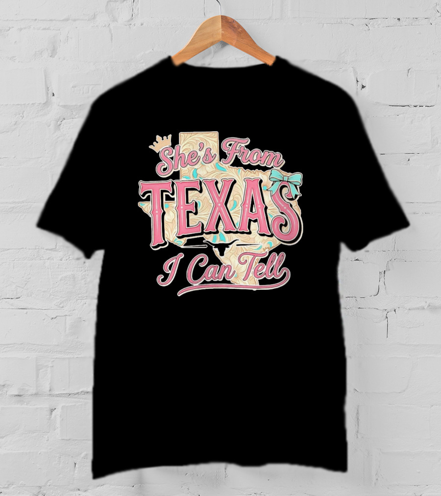 She's From Texas I Can Tell Texas Map Crown Bow T-Shirt
