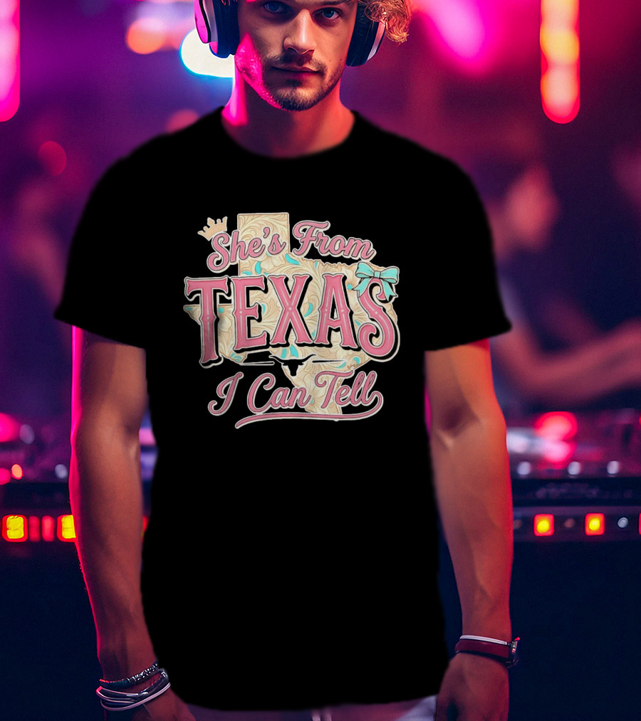 She's From Texas I Can Tell Texas Map Crown Bow T-Shirt