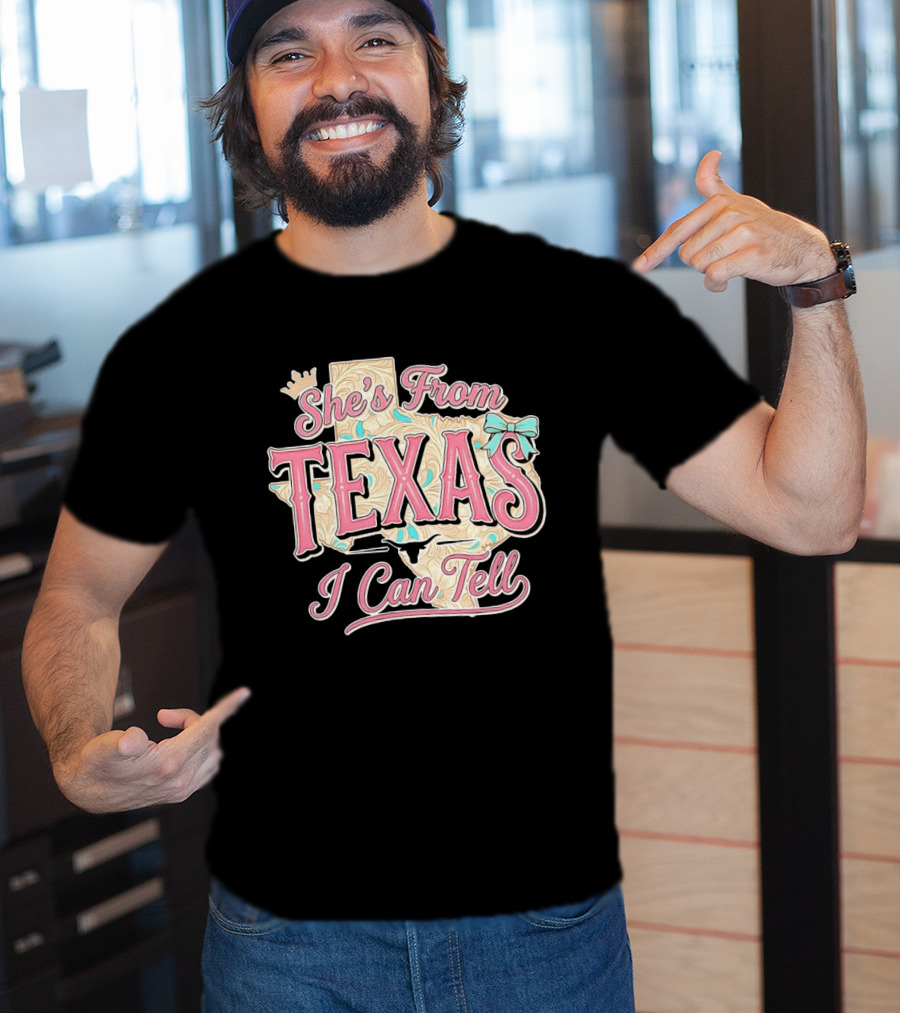 She's From Texas I Can Tell Texas Map Crown Bow T-Shirt