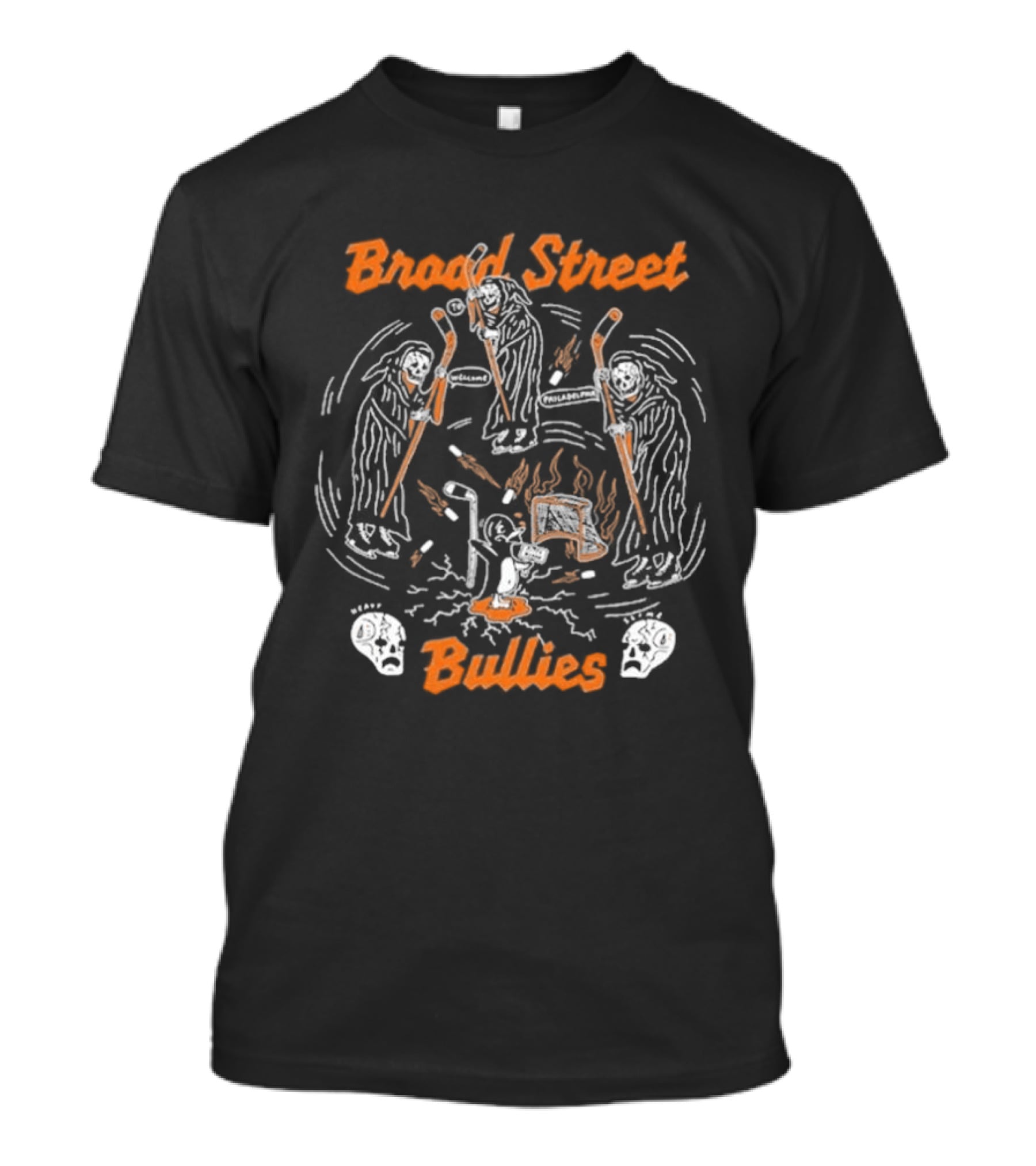 Philadelphia Broad Street Bullies Skull 2026 Hockey Sticks And Flames T-Shirt