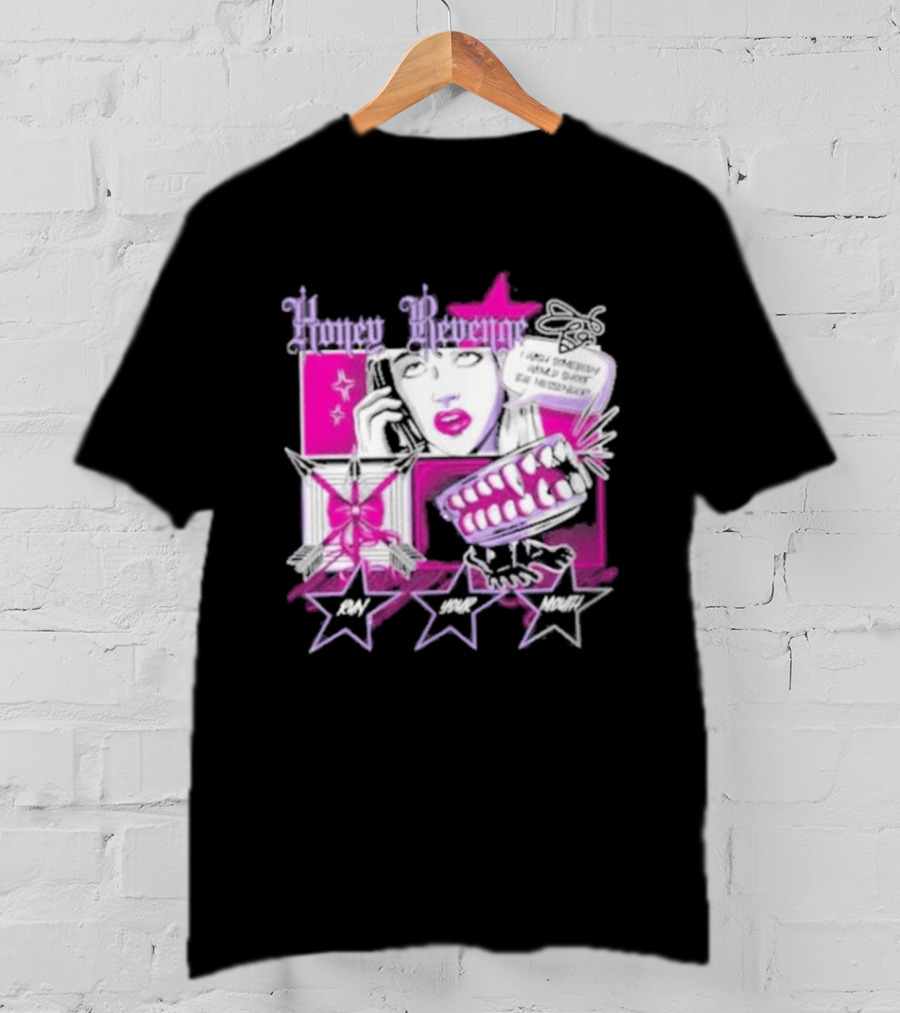 Honey Revenge Comic Style Pink And Black Lips Starburst T-Shirt