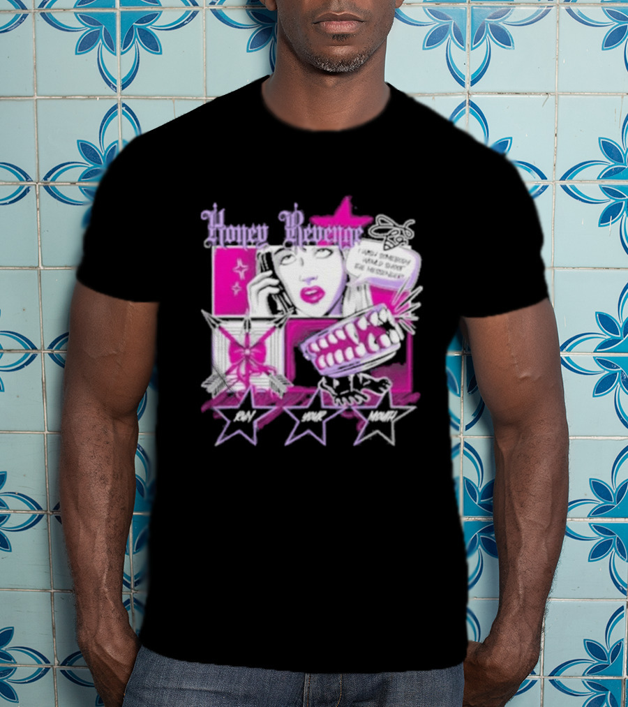 Honey Revenge Comic Style Pink And Black Lips Starburst T-Shirt