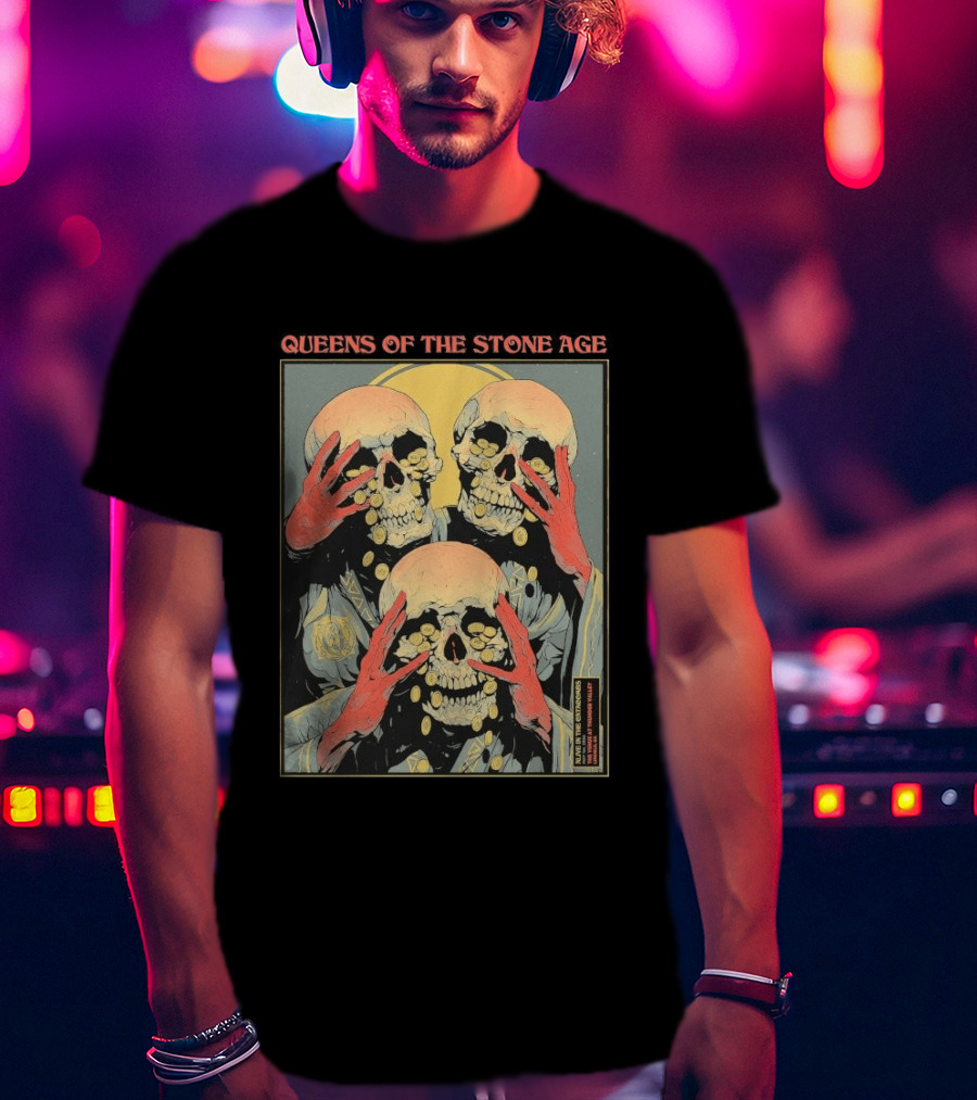 Queens Of The Stone Age Lincoln CA 5.1.2026 Skull Imagery With Coins T-Shirt