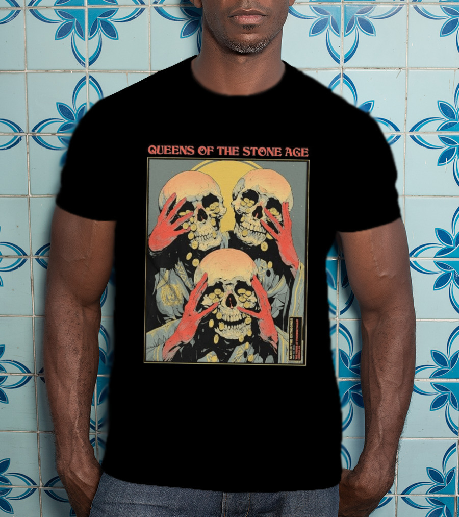 Queens Of The Stone Age Lincoln CA 5.1.2026 Skull Imagery With Coins T-Shirt