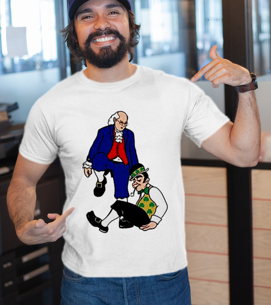 Ben Franklin Stepover Cartoon Colonial Vs Leprechaun T-Shirt
