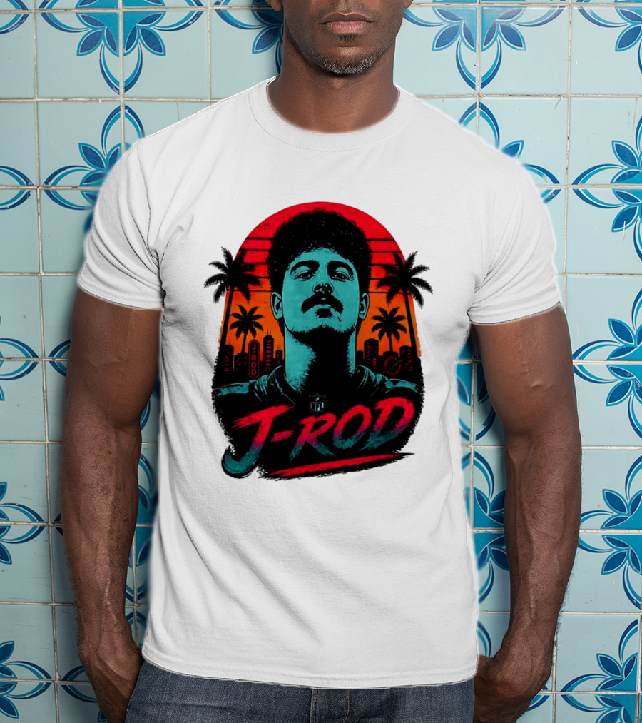 J Rod Retro Sunset Vibes With NFL And Palm Trees T-Shirt