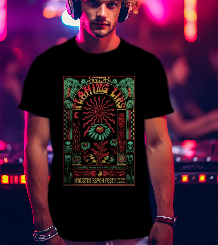 The Flaming Lips Austin Psych Fest May 8 2026 Far Out Lounge Psychedelic Art Skull Sunflower Moon T-Shirt