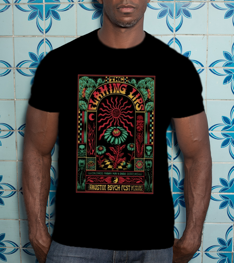 The Flaming Lips Austin Psych Fest May 8 2026 Far Out Lounge Psychedelic Art Skull Sunflower Moon T-Shirt