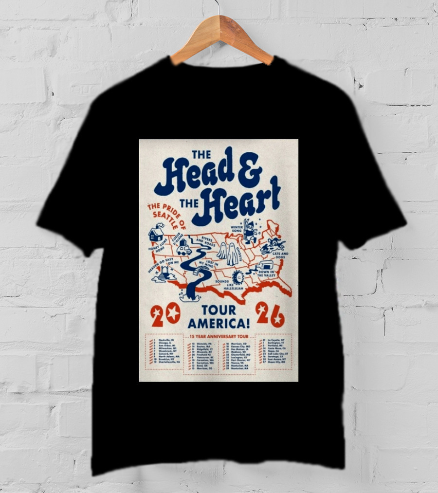 The Head And The Heart Tour America 2026 Pride Of Seattle Map 15 Year Anniversary T-Shirt