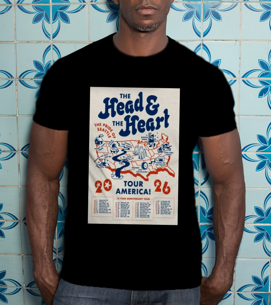 The Head And The Heart Tour America 2026 Pride Of Seattle Map 15 Year Anniversary T-Shirt