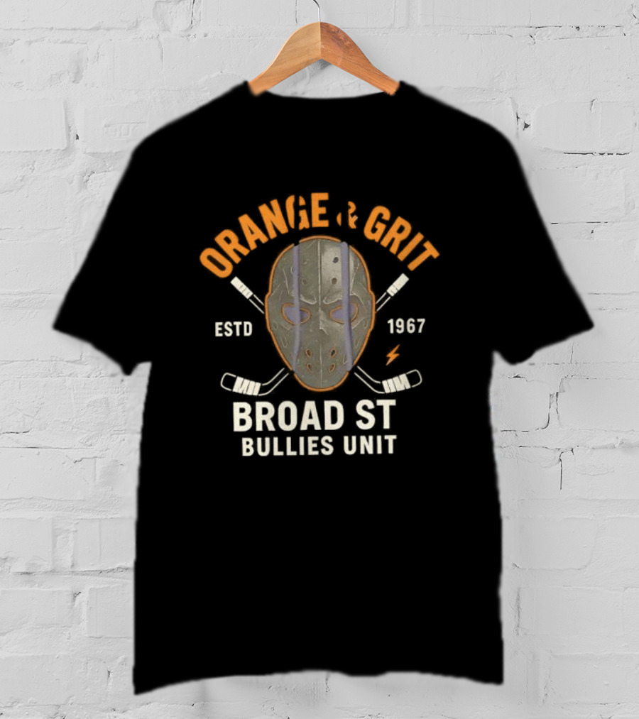 Orange And Grit Broad St Bullies Unit ESTD 1967 Hockey Mask And Sticks T-Shirt
