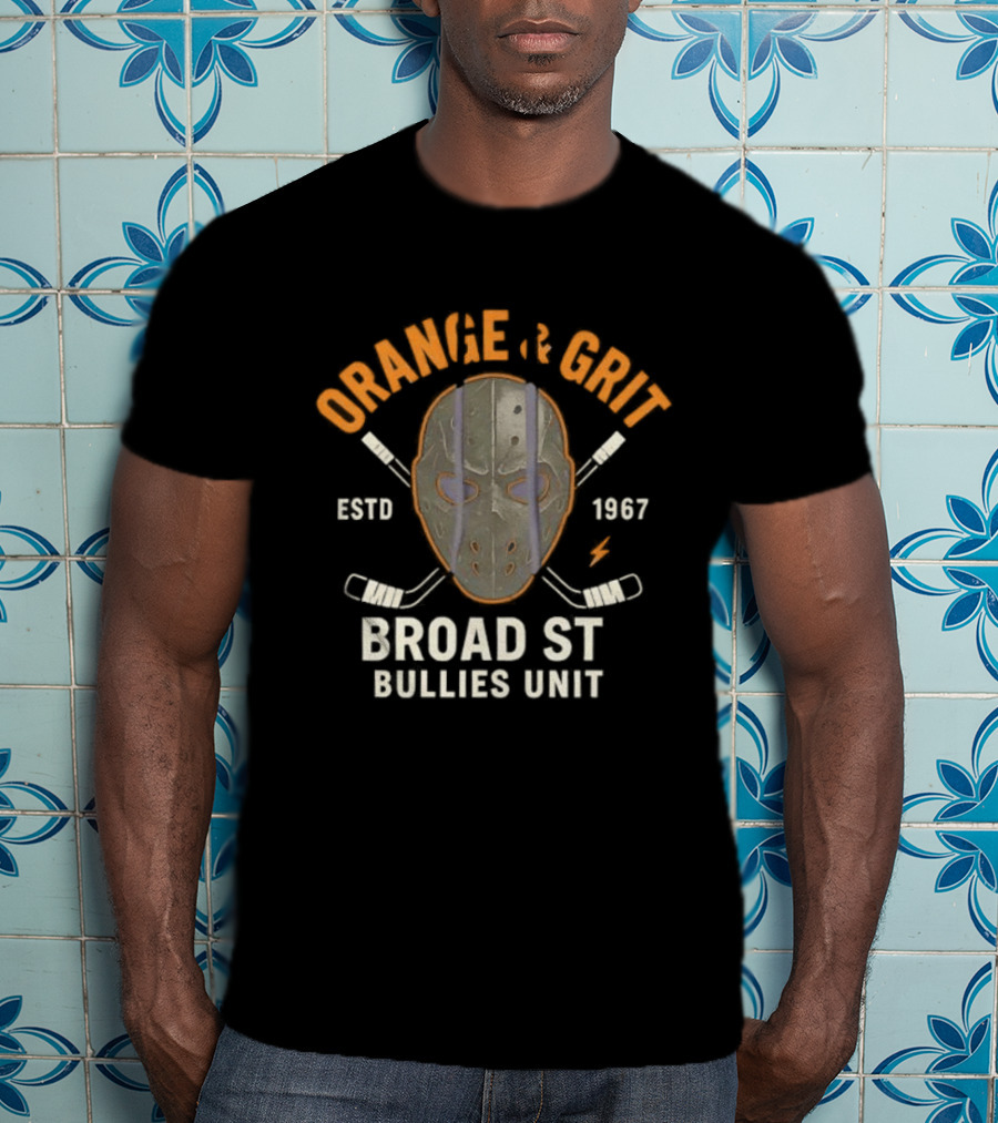 Orange And Grit Broad St Bullies Unit ESTD 1967 Hockey Mask And Sticks T-Shirt