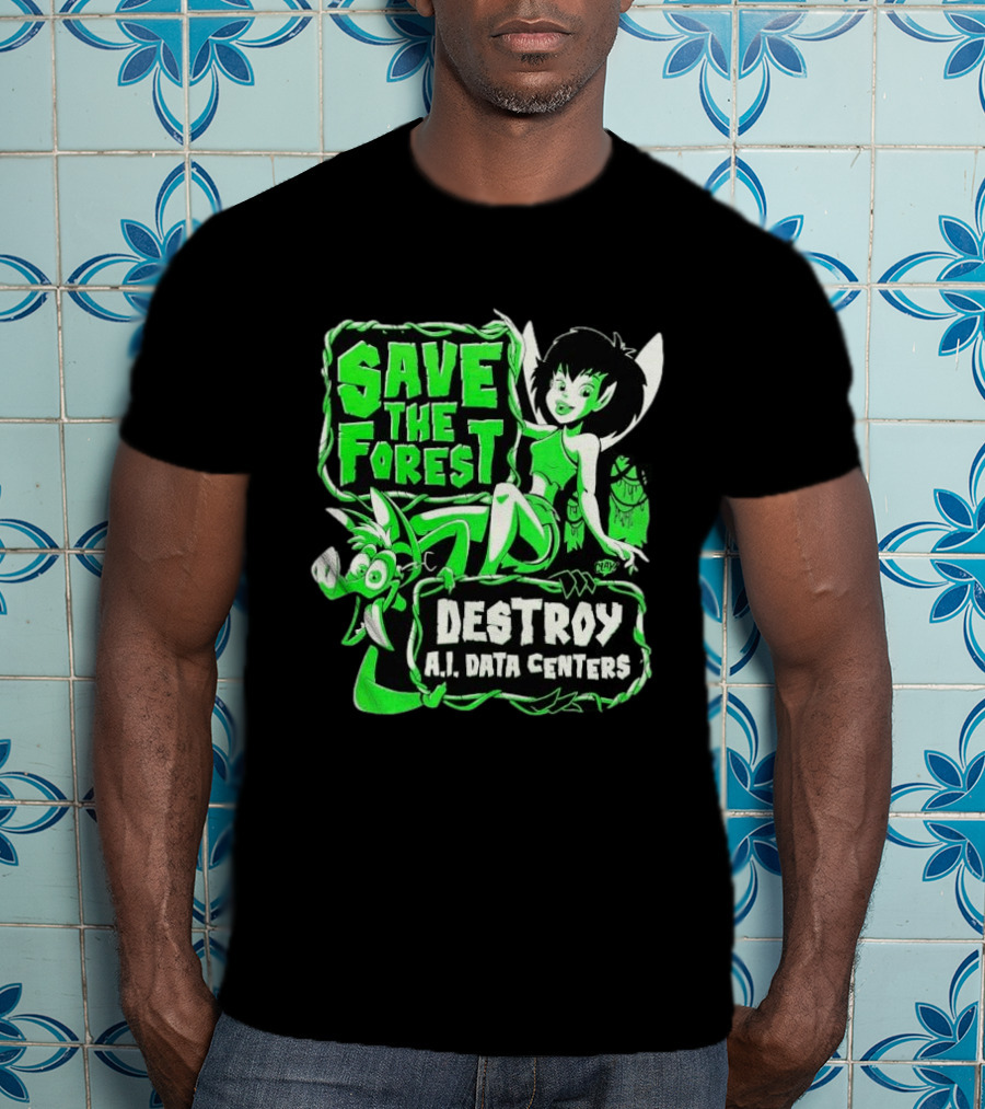 Save The Forest Destroy A.I. Data Centers Cartoon Fairy And Boar T-Shirt