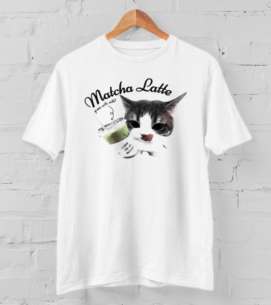 Matcha Latte Coffee Cat Kawaii With Paw And Tail T-Shirt