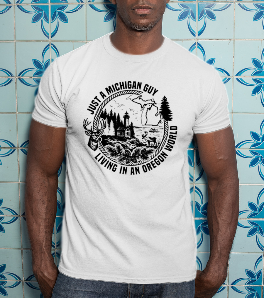 Just A Michigan Guy Living In An Oregon World Scenic Nature Scene With Deer Lighthouse And Trees T-Shirt
