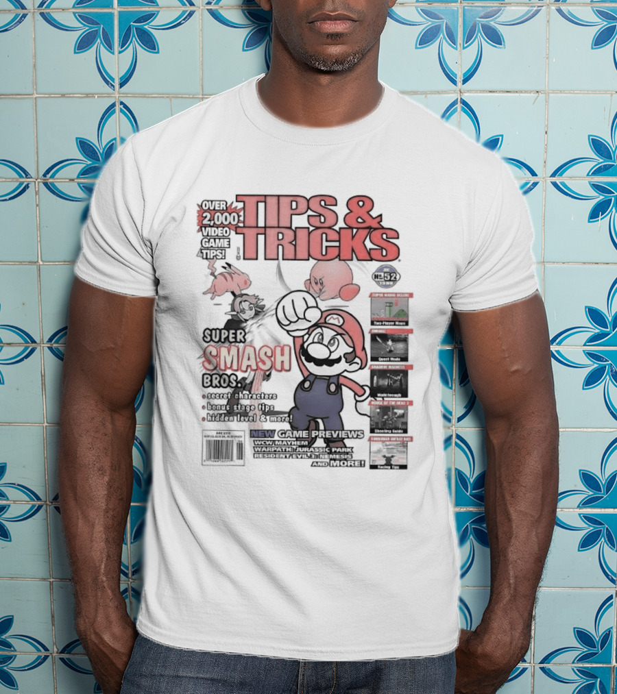 Super Smash Bros Over 2000 Video Game Tips And Tricks Retro Cover Mario Kirby Characters T-Shirt