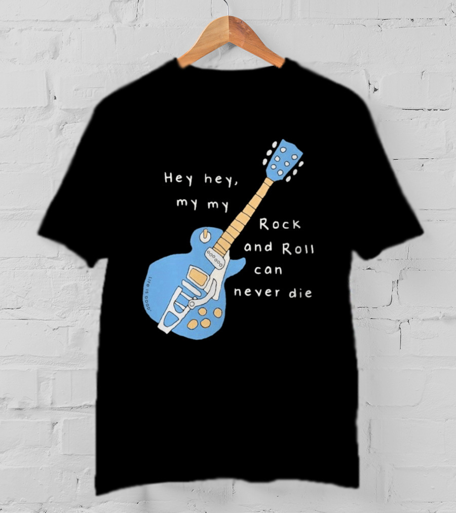 Hey Hey My My Rock And Roll Can Never Die Blue Guitar T-Shirt