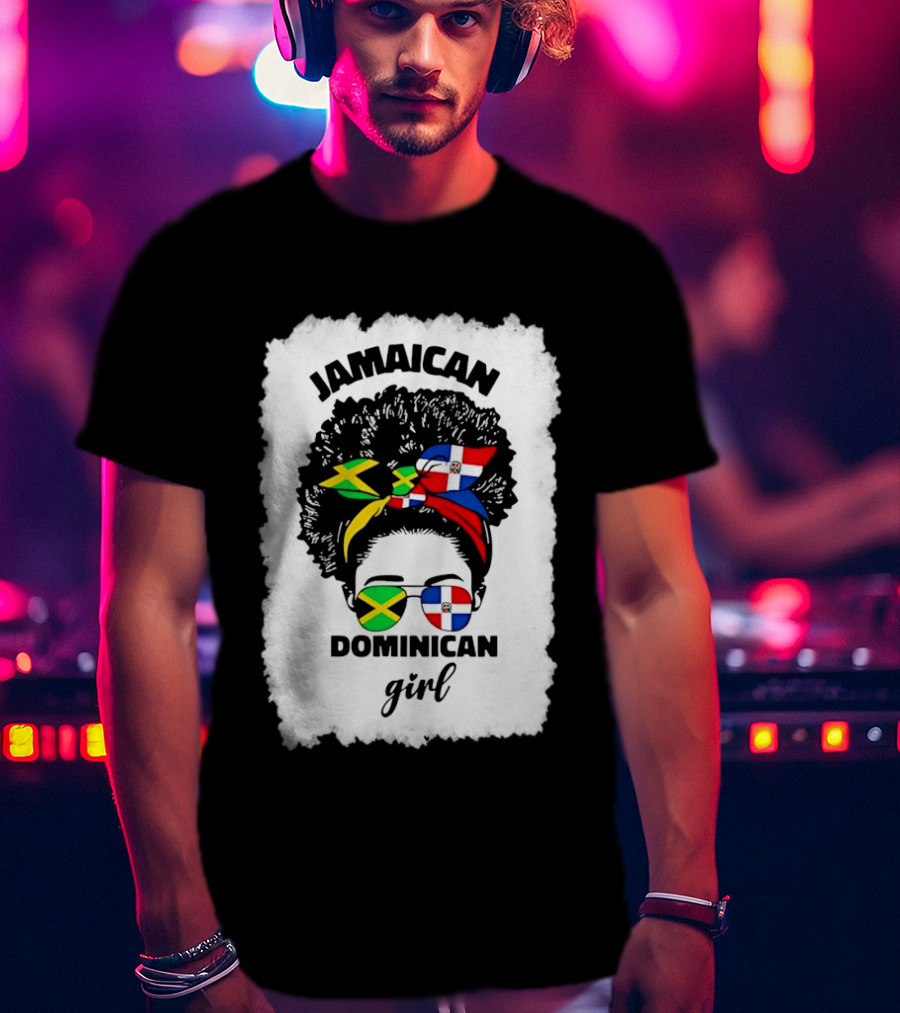 Jamaican Dominican Girl Afro Headwrap Flag Sunglasses T-Shirt