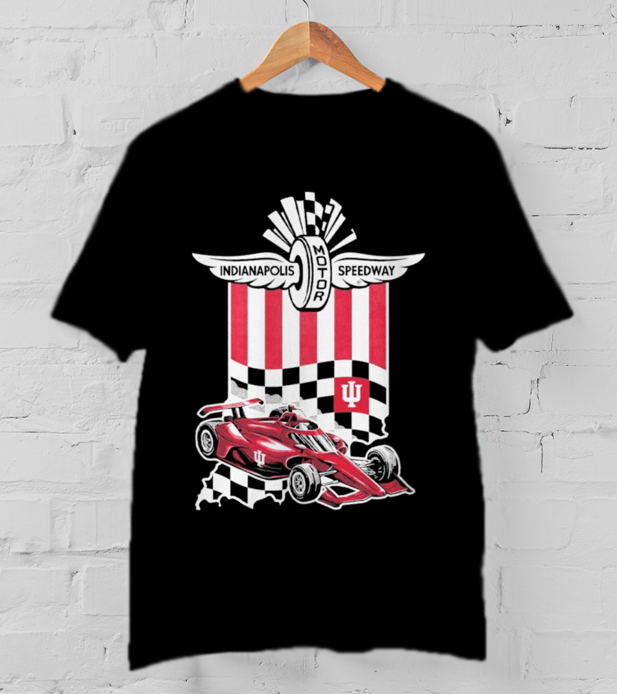 Indiana Hoosiers Red Race Car Indianapolis Motor Speedway Checker Flag T-Shirt
