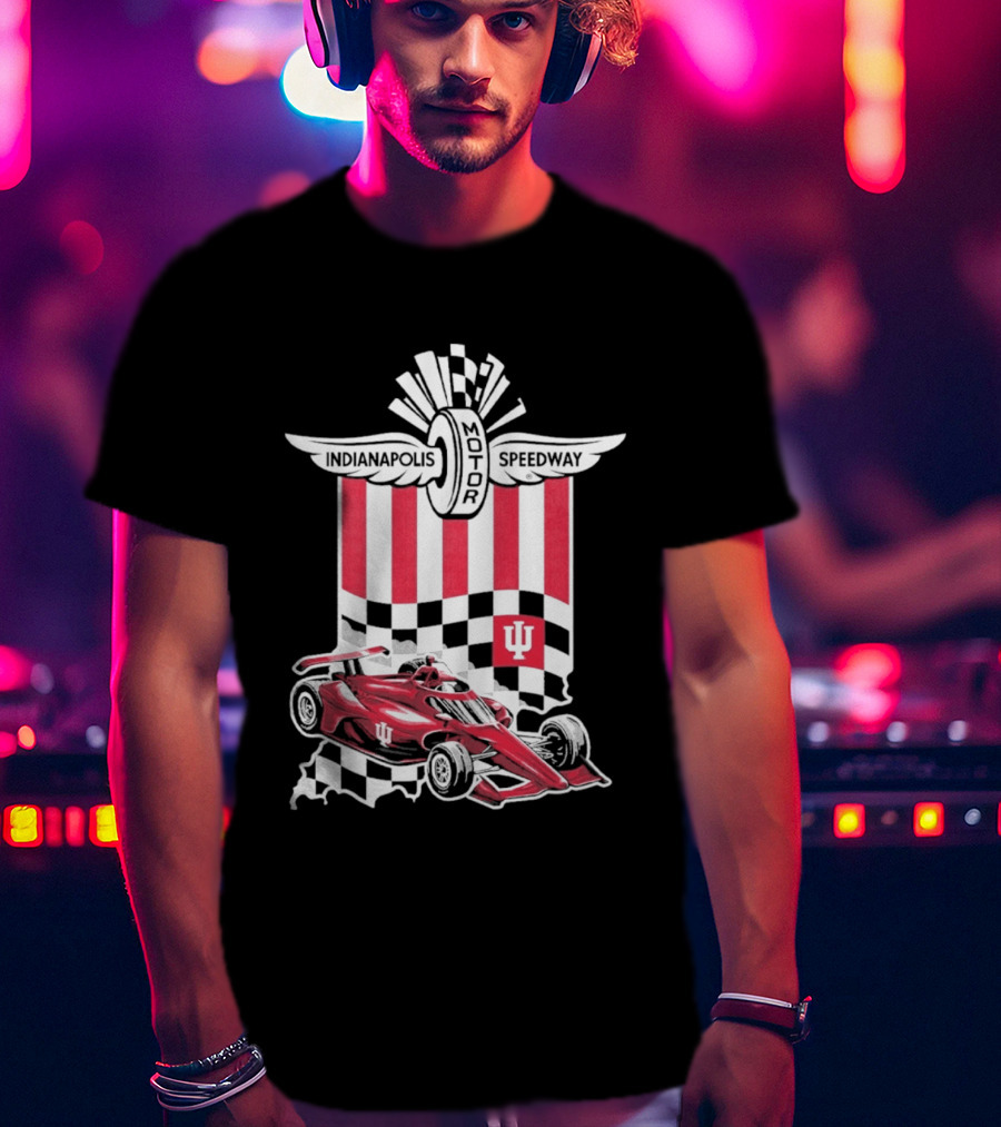 Indiana Hoosiers Red Race Car Indianapolis Motor Speedway Checker Flag T-Shirt