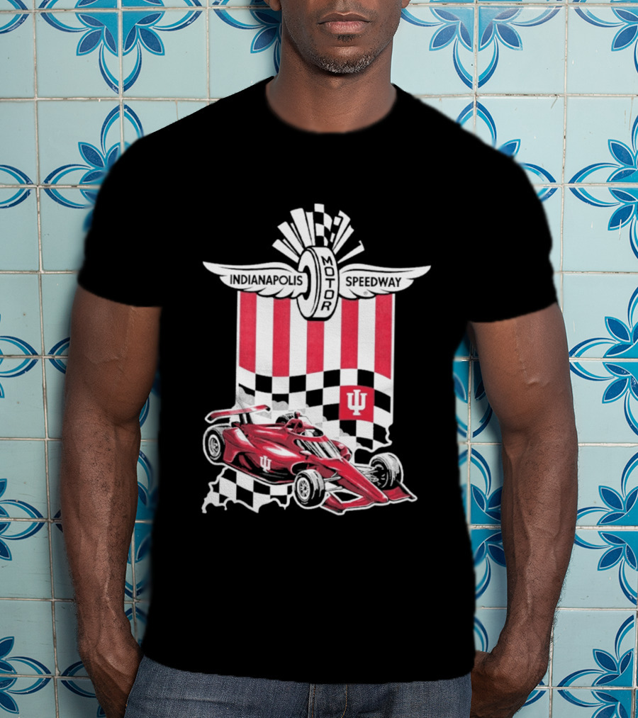 Indiana Hoosiers Red Race Car Indianapolis Motor Speedway Checker Flag T-Shirt