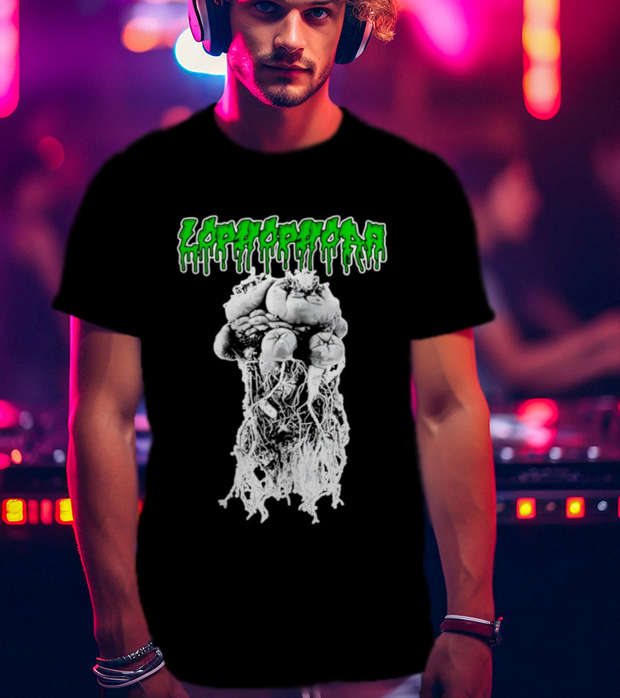 Lophophora Cactus Dripping Text With Detailed Root T-Shirt
