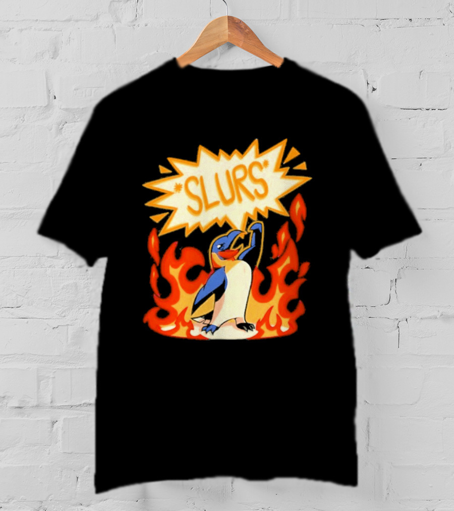Penguin Slurs Cartoon Flaming Penguin In Fiery Speech Bubble T-Shirt