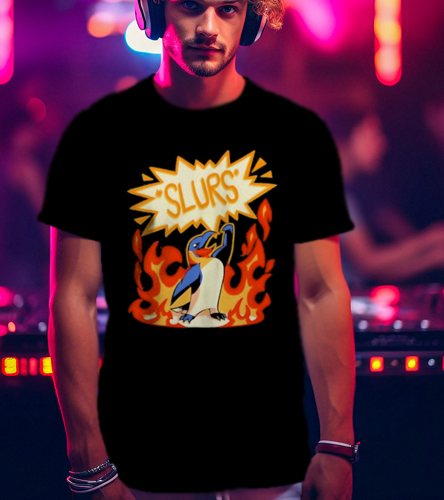 Penguin Slurs Cartoon Flaming Penguin In Fiery Speech Bubble T-Shirt