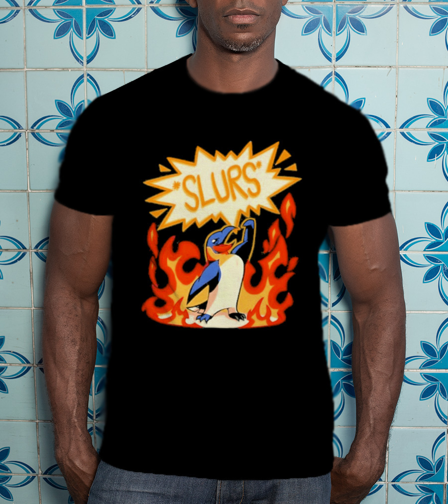 Penguin Slurs Cartoon Flaming Penguin In Fiery Speech Bubble T-Shirt