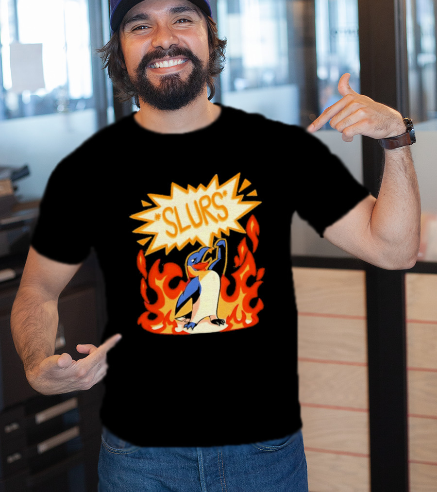 Penguin Slurs Cartoon Flaming Penguin In Fiery Speech Bubble T-Shirt