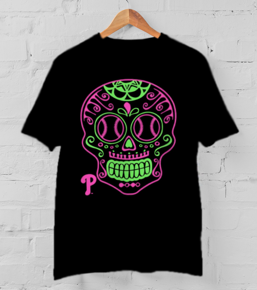 Philadelphia Phillies Sugar Skull Neon Baseball T-Shirt