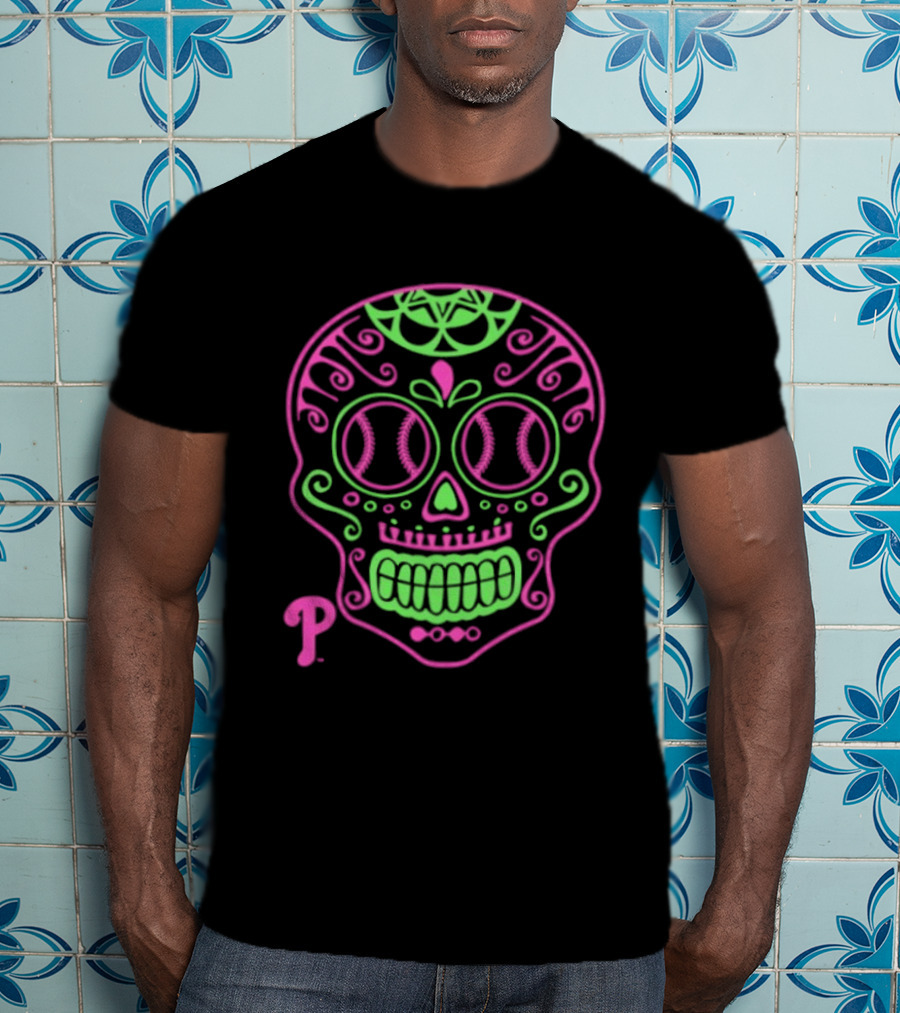 Philadelphia Phillies Sugar Skull Neon Baseball T-Shirt