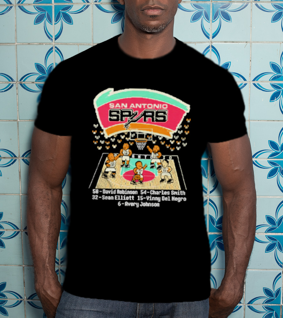 San Antonio Spurs David Robinson Charles Smith Sean Elliott Vinny Del Negro Avery Johnson Basketball Team T-Shirt