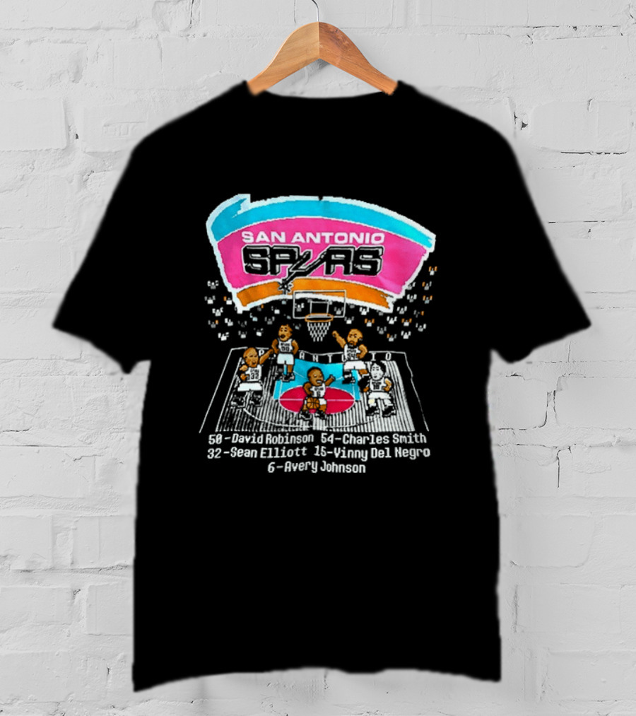 San Antonio Spurs 8 Bit Caricature David Robinson Charles Smith Sean Elliott Vinny Del Negro Avery Johnson NBA T-Shirt