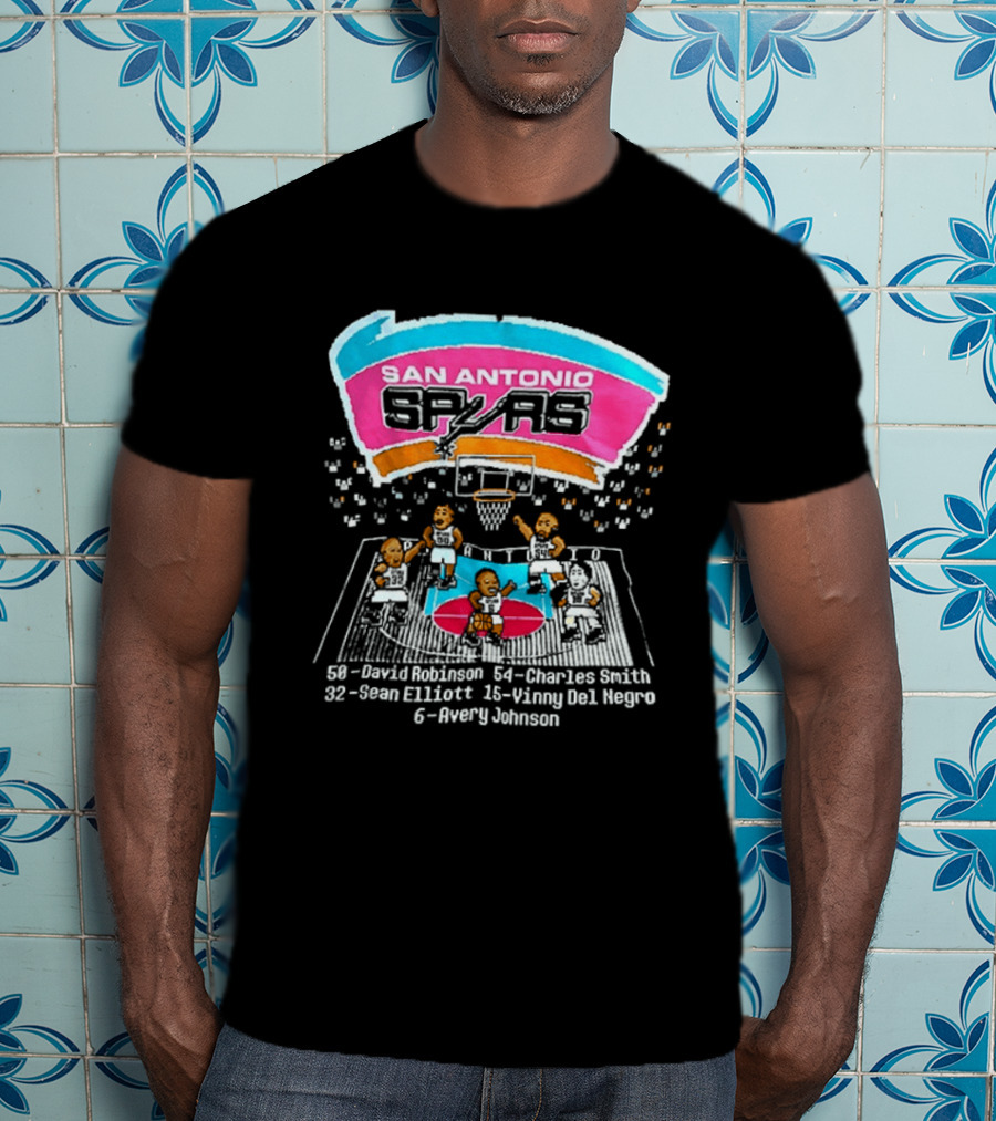 San Antonio Spurs 8 Bit Caricature David Robinson Charles Smith Sean Elliott Vinny Del Negro Avery Johnson NBA T-Shirt
