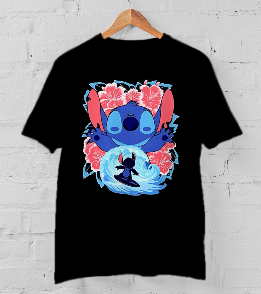 Lilo And Stitch Surfing Tropical Hibiscus Flowers T-Shirt
