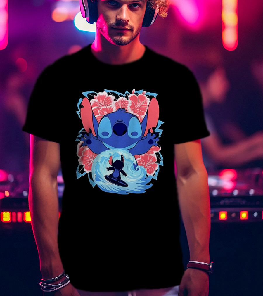 Lilo And Stitch Surfing Tropical Hibiscus Flowers T-Shirt