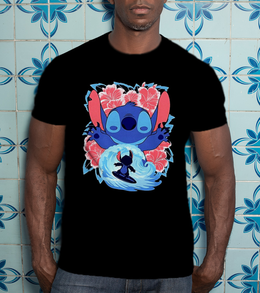 Lilo And Stitch Surfing Tropical Hibiscus Flowers T-Shirt
