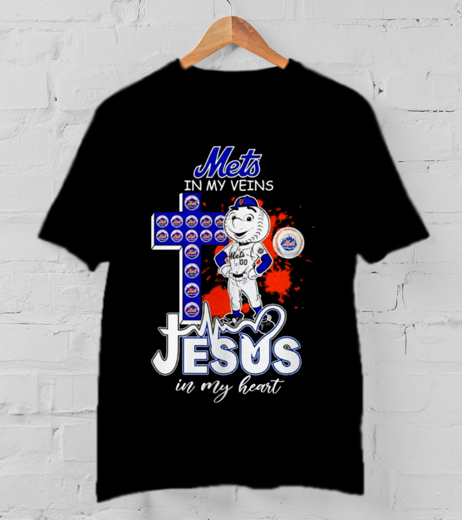 Mets In My Veins Jesus In My Heart Cross And Baseball T-Shirt