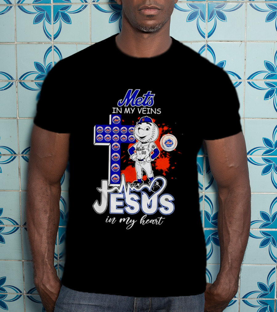 Mets In My Veins Jesus In My Heart Cross And Baseball T-Shirt