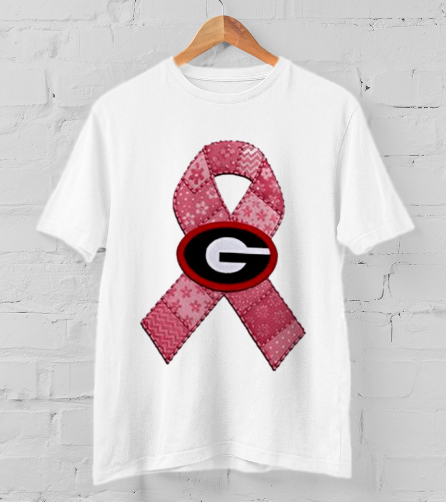 Georgia Bulldogs Patchwork Pink Ribbon Breast Cancer Awareness T-Shirt