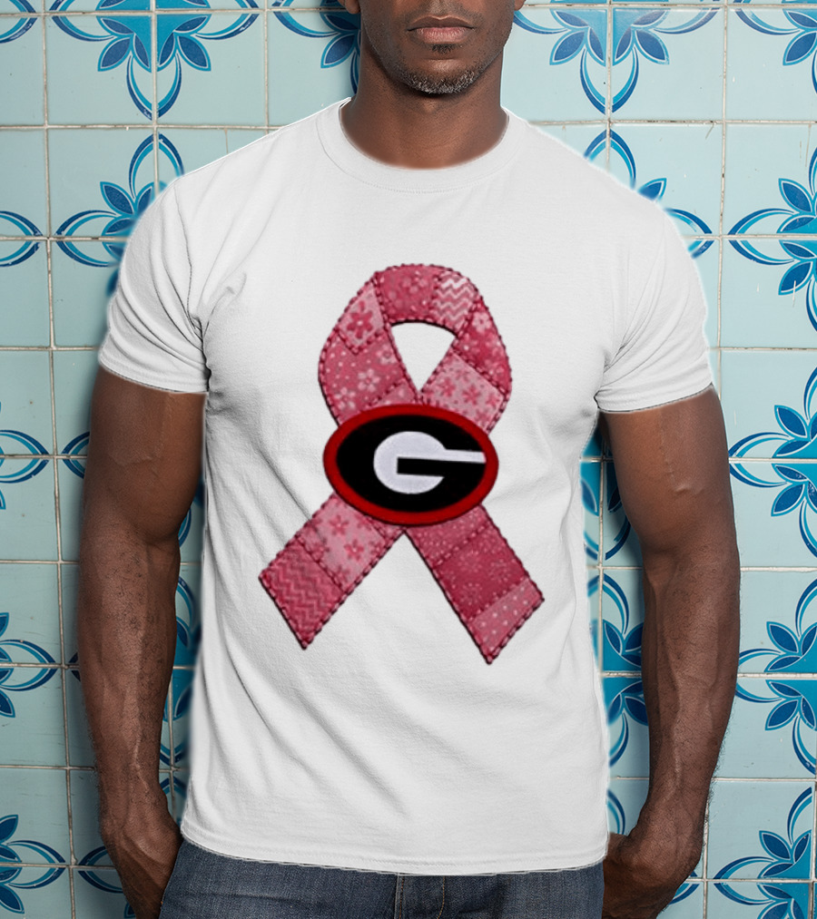 Georgia Bulldogs Patchwork Pink Ribbon Breast Cancer Awareness T-Shirt