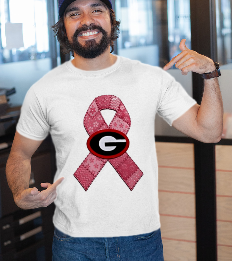 Georgia Bulldogs Patchwork Pink Ribbon Breast Cancer Awareness T-Shirt